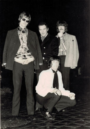 "Sundial" outside the Blow-Up Club, Jan 29th 1968. L-R Ged Peck, Carlo Little, Jon Lord. Front - Nick Simper